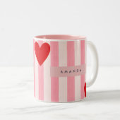 Personalized Playful Red Heart & Pink Stripe  Tweekleurige Koffiemok (Voorkant rechts)