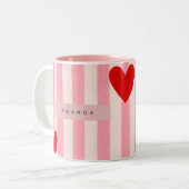 Personalized Playful Red Heart & Pink Stripe  Tweekleurige Koffiemok (Voorkant links)
