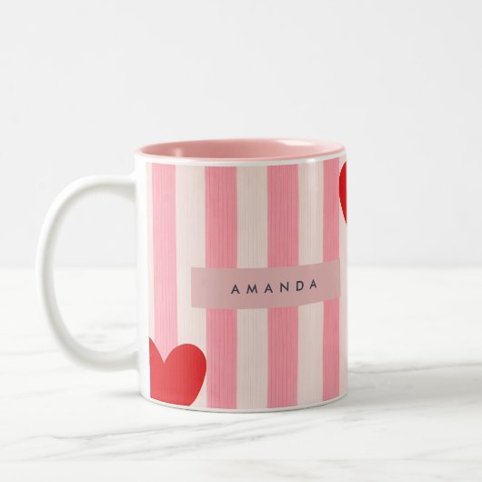 Personalized Playful Red Heart & Pink Stripe  Tweekleurige Koffiemok (Links)