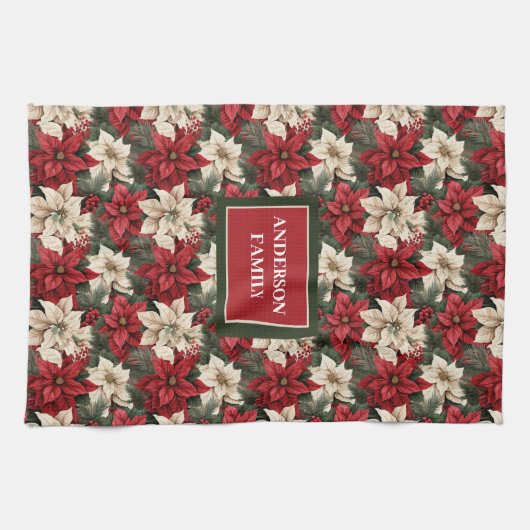 Personalized Poinsettia Towel Chic Christmas Style Theedoek (Horizontaal)