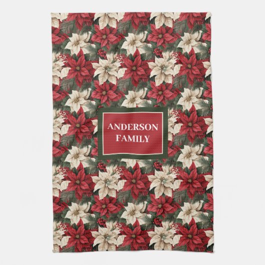 Personalized Poinsettia Towel Chic Christmas Style Theedoek (Verticaal)