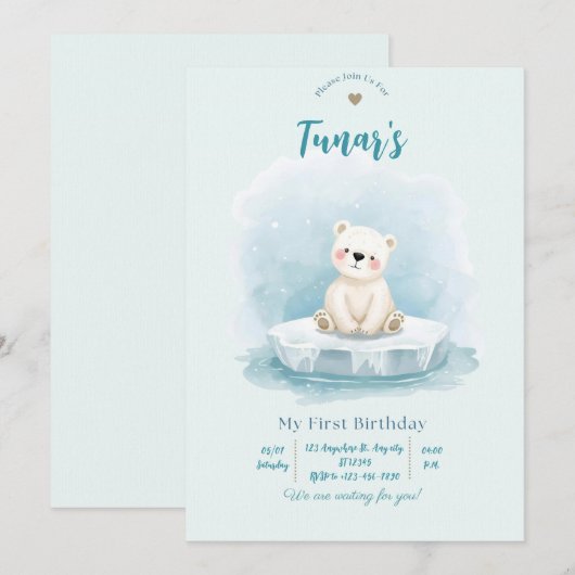Personalized Polar Bear Birthday Invitation Kaart (Voorkant / Achterkant)