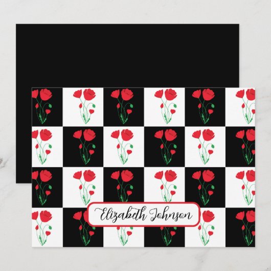 Personalized Poppy Checkerboard Floral Note Card Notitiekaartje (Voorkant / Achterkant)
