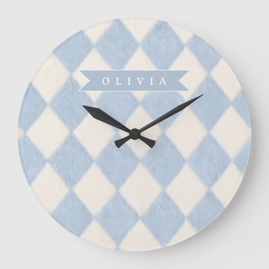 Personalized Preppy Soft Blue Fuzzy Argyle Name Grote Klok (Voorkant)
