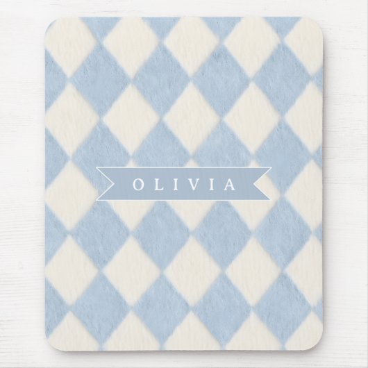Personalized Preppy Soft Blue Fuzzy Argyle Name Muismat (Voorkant)