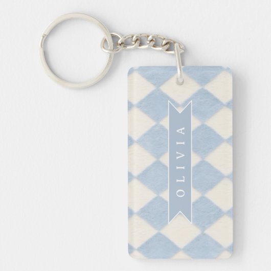 Personalized Preppy Soft Blue Fuzzy Argyle Name Sleutelhanger (Voorkant)