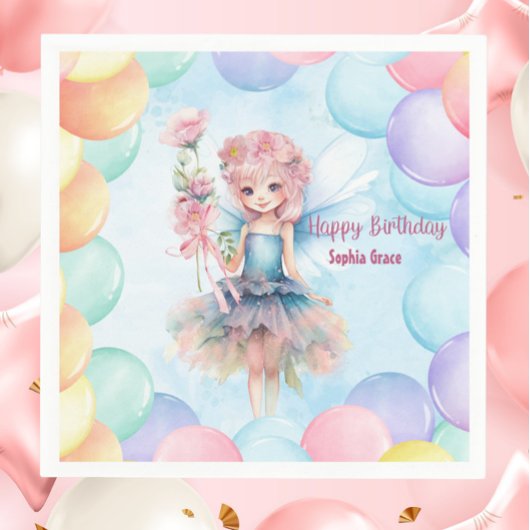 Personalized Pretty Blue Fairy Birthday Napkins  Servet