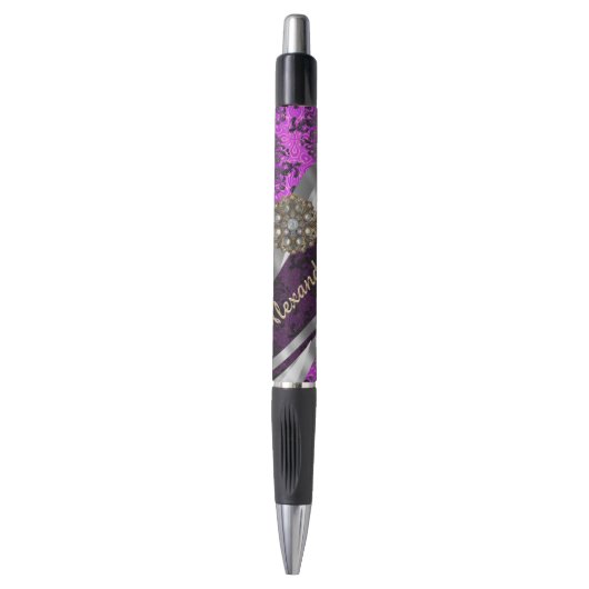 Personalized pretty magenta girly damask pattern pen (Voorkant Verticaal)
