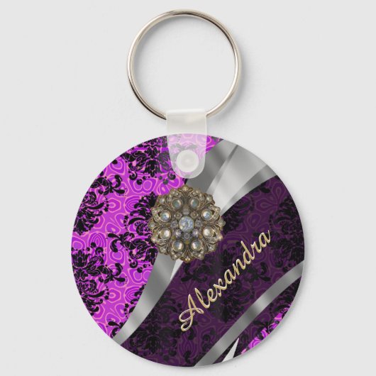 Personalized pretty magenta girly damask pattern sleutelhanger (Voorkant)