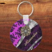 Personalized pretty magenta girly damask pattern sleutelhanger (Voorkant)