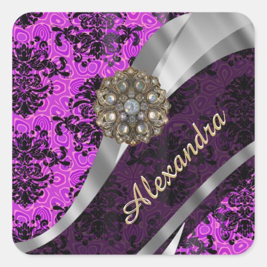 Personalized pretty magenta girly damask pattern vierkante sticker (Voorkant)