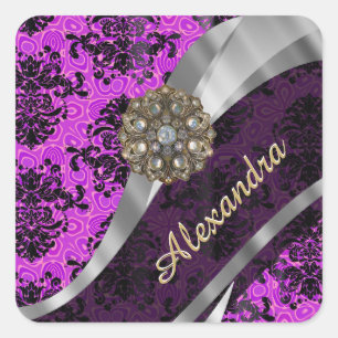 Personalized pretty magenta girly damask pattern vierkante sticker