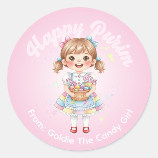 Personalized Purim Sticker – Candy Girl Theme (Voorkant)