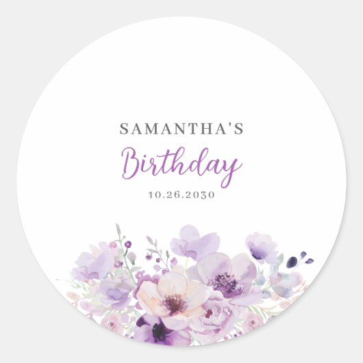 Personalized Purple Floral Birthday  Ronde Sticker (Voorkant)