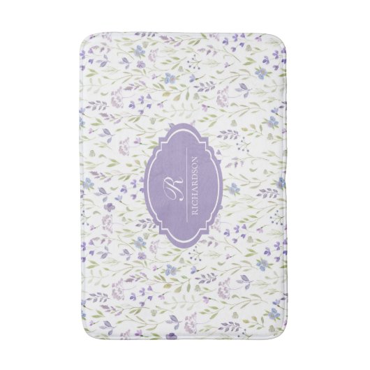 Personalized Purple Floral Monogram Badmat (Voorkant Verticaal)