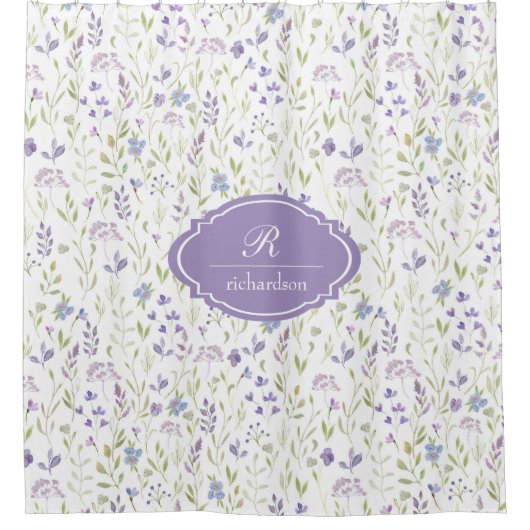 Personalized Purple Floral Monogram Douchegordijn (Voorkant)