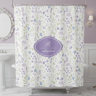 Personalized Purple Floral Monogram Douchegordijn