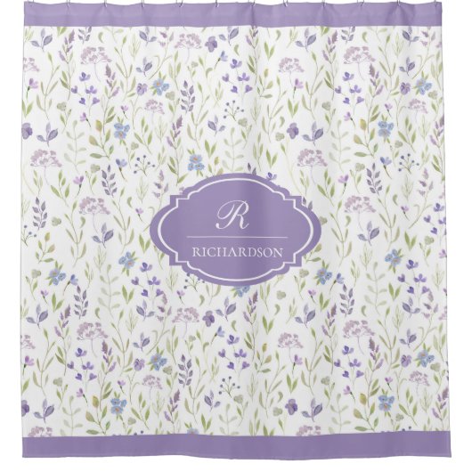 Personalized Purple Floral Monogram Douchegordijn (Voorkant)
