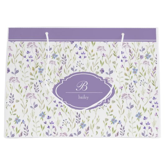 Personalized Purple Floral Monogram Groot Cadeauzakje (Voorkant)