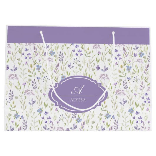 Personalized Purple Floral Monogram Groot Cadeauzakje (Achterkant)