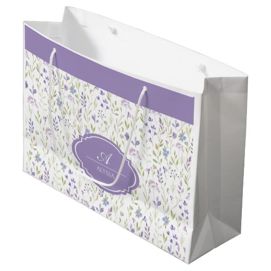 Personalized Purple Floral Monogram Groot Cadeauzakje (Voorkant Gekanteld)
