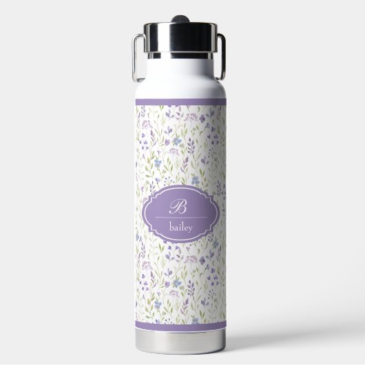 Personalized Purple Floral Monogram Waterfles (Voorkant)