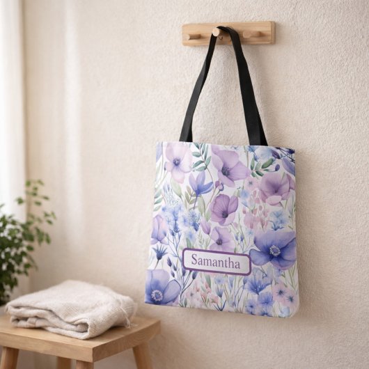 Personalized Purple Floral Name Tote Bag