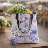 Personalized Purple Floral Name Tote Bag