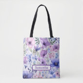 Personalized Purple Floral Name Tote Bag (Voorkant)