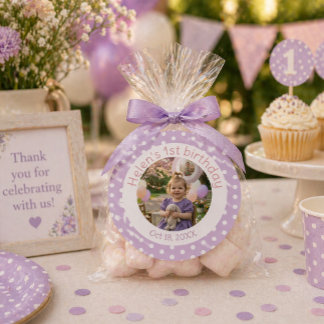 Personalized Purple Polka Dot Photo 1st Birthday  Ronde Sticker