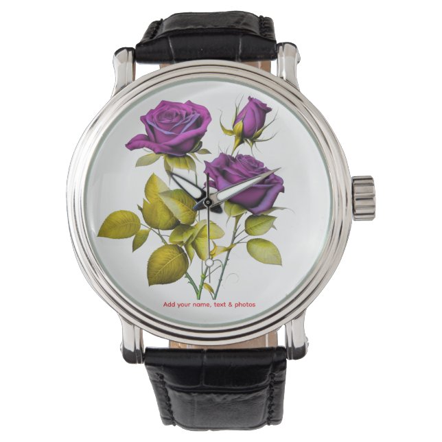 Personalized Purple Rose Watch | Add Your Name Horloge (Voorkant)