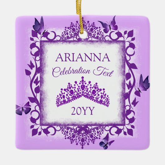 Personalized Purple Tiara & Butterflies Keepsake Keramisch Ornament (Voorkant)