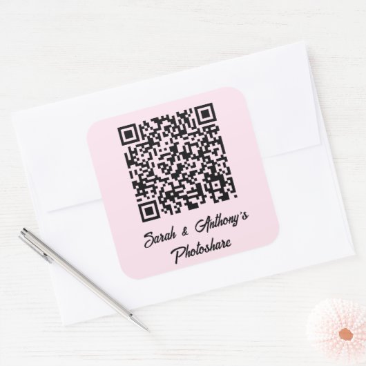 Personalized QR Code Wedding Photo Share Website Vierkante Sticker (Envelop)