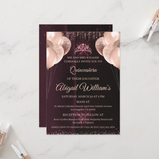 Personalized Quinceañera Invitation | Mis Quince A Kaart (Voorkant / Achterkant in situ)