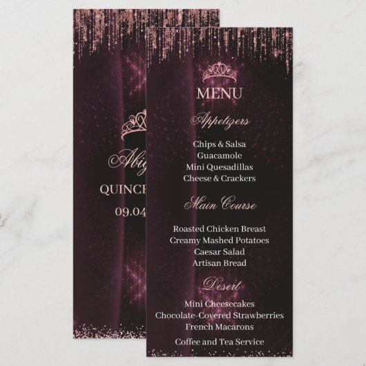 Personalized Quinceañera Menu Card | QUINCEAÑERA (Voorkant / Achterkant)