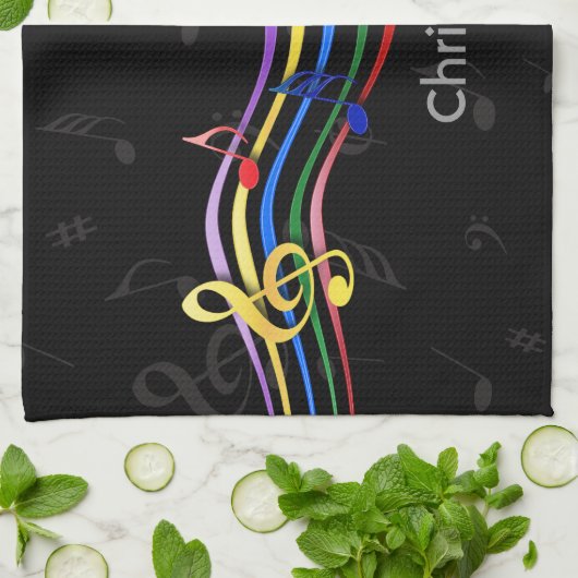 Personalized Rainbow Colored Music Notes Theedoek (Gevouwen)