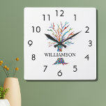 Personalized Rainbow Tree Square Wall Clock Vierkante Klok<br><div class="desc">This colourful Wall Clock is decorated with a mosaic family tree in the coconto of the rainbow. Easily customizable with your name. Because we create our own artwork you won't find this exact image from other designers. Original Mosaic © Michele Davies.</div>