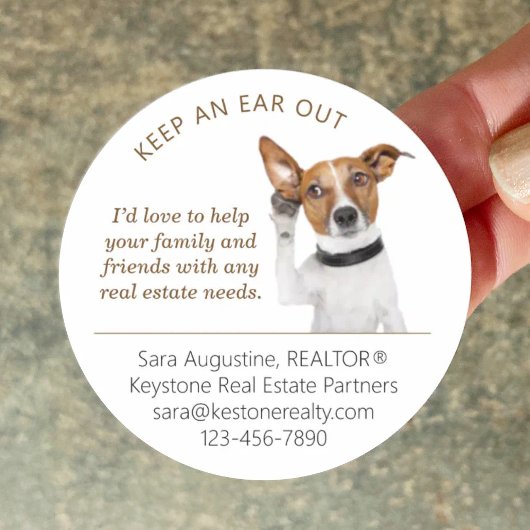 Personalized Realtor Referral Dog, Keep an Ear Out Ronde Sticker