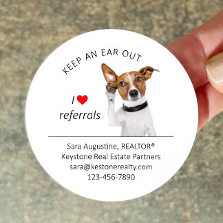 Personalized Realtor Referral Dog, Keep an Ear Out Ronde Sticker