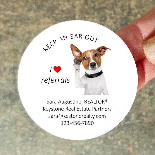 Personalized Realtor Referral Dog, Keep an Ear Out Ronde Sticker