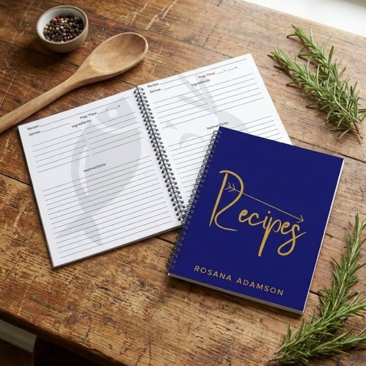 Personalized Recipe Journal (Indigo Blue & Gold) Notitieboek