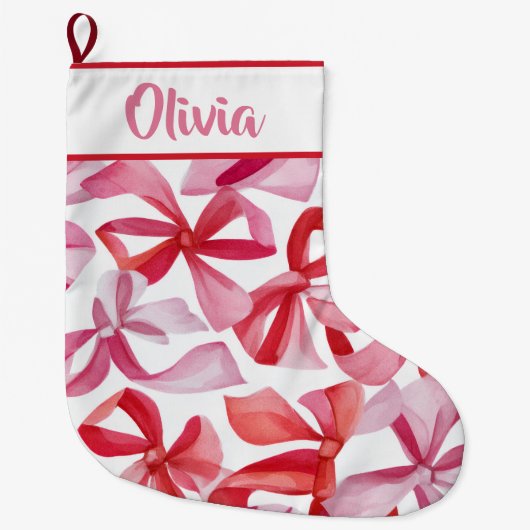 Personalized Red Bows & Ribbons Christmas Stocking Grote Kerstsok (Voorkant)