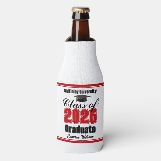 Personalized Red Class of 2026 Graduation Party Flesjeskoeler (Fles Voorkant)