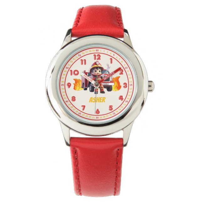 Personalized Red Cute Boy Firefighter Kids Horloge (Voorkant)
