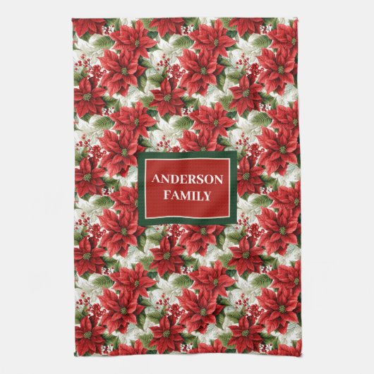 Personalized Red Floral Towel Elegant Christmas Theedoek (Verticaal)