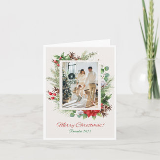 Personalized Red & Green Floral Christmas Card  Feestdagen Kaart