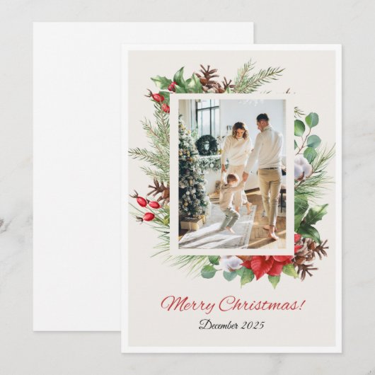 Personalized Red & Green Floral Christmas Card  Feestdagenkaart (Voorkant / Achterkant)