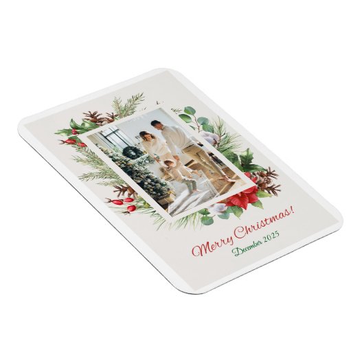 Personalized Red & Green Floral Christmas Card  Magneet (Rechterzijde)