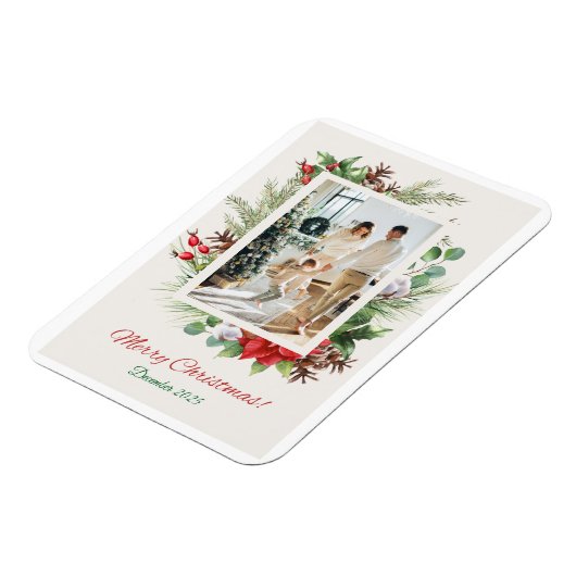Personalized Red & Green Floral Christmas Card  Magneet (Linkerzijde)