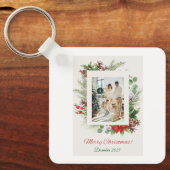 Personalized Red & Green Floral Christmas Card  Sleutelhanger (Voorkant)